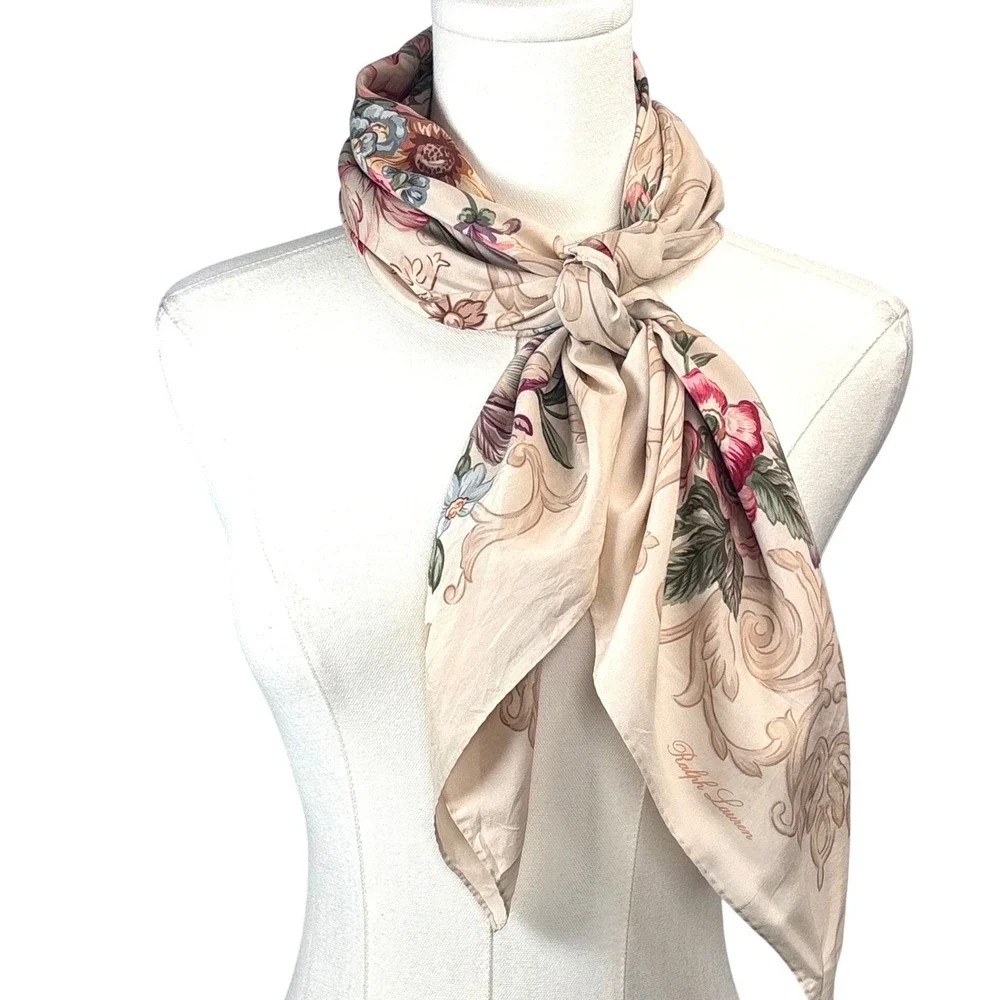 Ralph Lauren Scarf Silk Floral Filigree Beige Cream Cottagecore Romantic Elegant